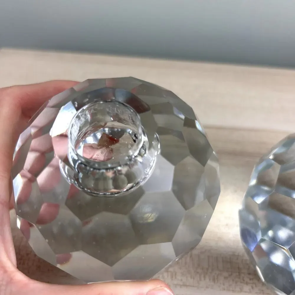 Vintage Faceted Spherical Glass Candlestick Holder Honeycomb Set of 2